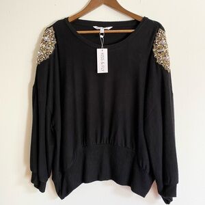 NWT Boutique Black Knit Top with Beaded Appliqués XL
